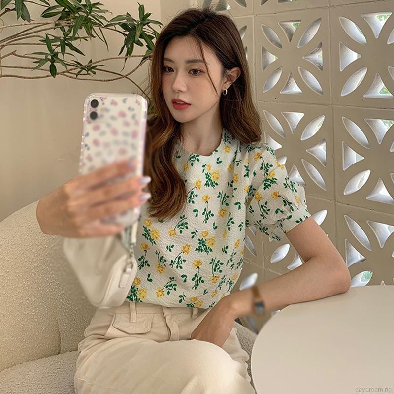 Áo Kiểu Tay Phồng Cổ Tròn Dáng Rộng In Hoa Thời Trang Cho Nữ