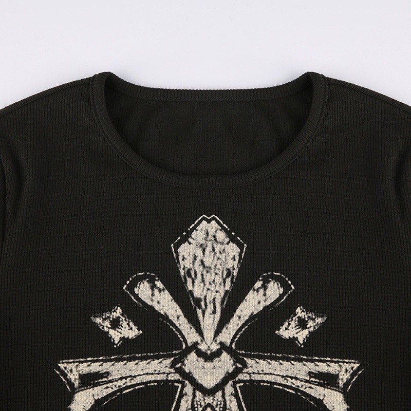 Áo Thun Tay Dài In Chữ Thập Phong Cách Vintage Thời Trang Mùa Thu Cho Nữ