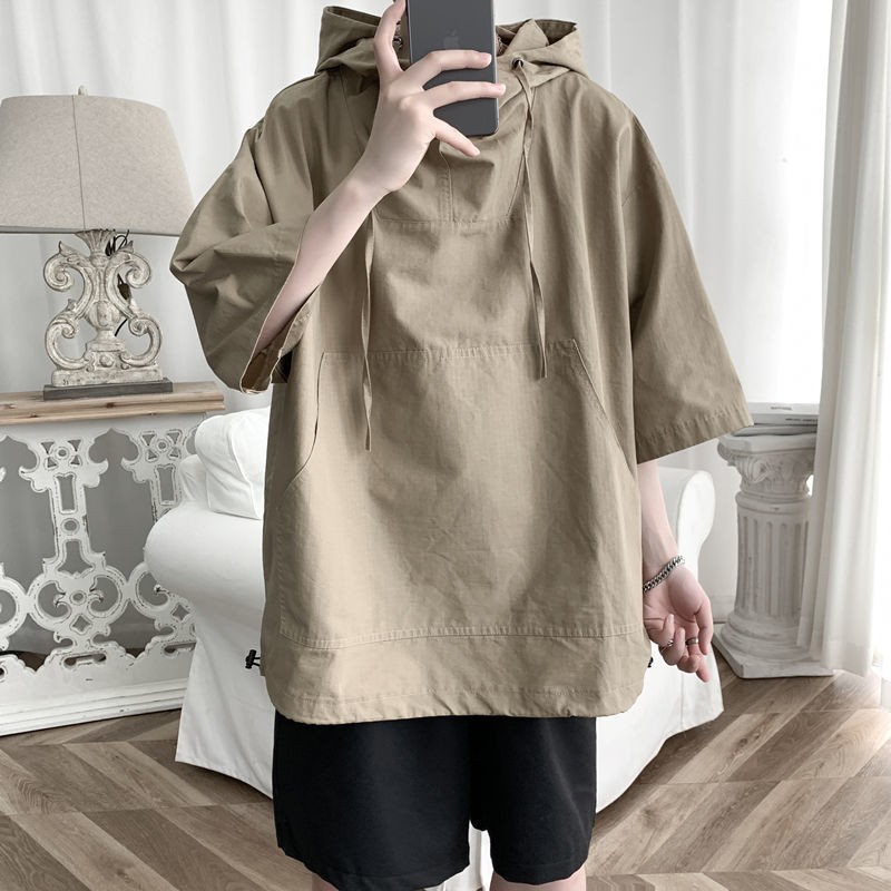 Short-sleeved t-shirt men's summer new loose trendy brand hoodie ins port style high street student handsome Harajuku BF