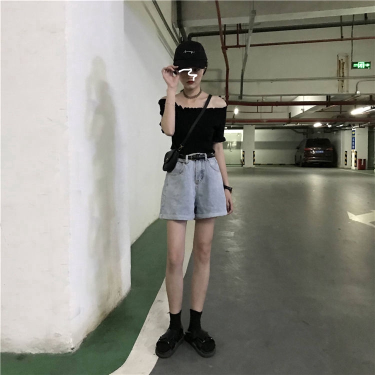 Áo thun tay ngắn hở vai màu đen thời trang cho nữ