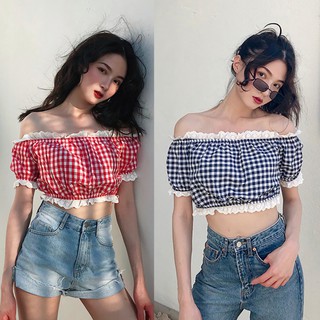 Áo Lửng Trễ Vai Tay Phồng Họa Tiết Ca Rô Thời Trang Dành Cho Nữ