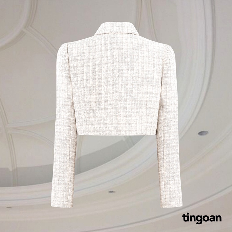 TINGOAN®  - Áo khoác tweed crop cổ bẻ trắng tingoan PINK SWEET JACKET/WH