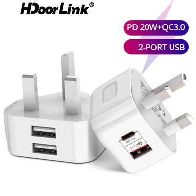 HdoorLink UK Cắm Sạc USB Kép 5V2A Đầu Sạc Du Lịch Đa Năng Tiêu Chuẩn Anh PD20W + QC3.0 3pin Sạc