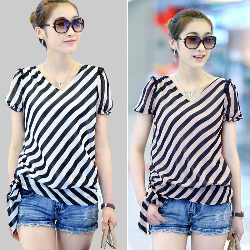 Korean Style Stripe Blouses Summer Short Sleeve Chiffon Blouse Women Plus Size Tops Women Blouses