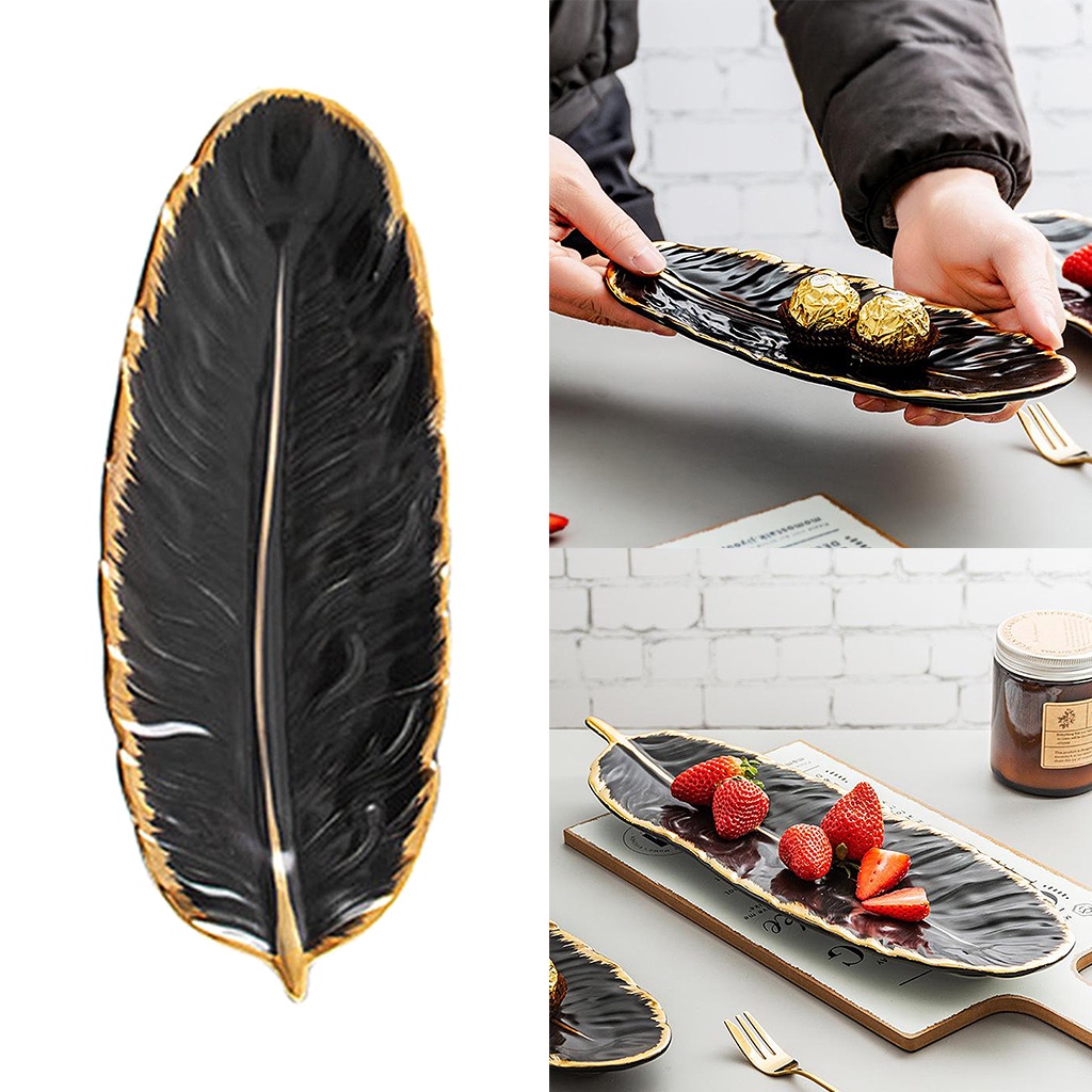 Đĩa gốm đựng nữ trang đồ ăn thiết kế hình lá Chuối tráng men màu xanh ngọc lục bảo mạ vàng cao cấp trang trí nội thất