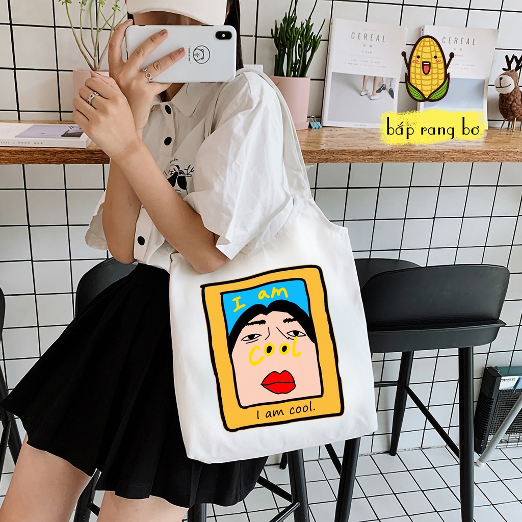 TÚI TOTE TRÒN SẮC MÀU CÔ GÁI VẢI DỆT CANVAS CÓ TÚI CON