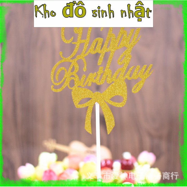 Giấy nhũ chữ Happy Birthday Nơ trang trí bánh kem, trang trí bánh sinh nhật -15Cm, hình giấy nhũ