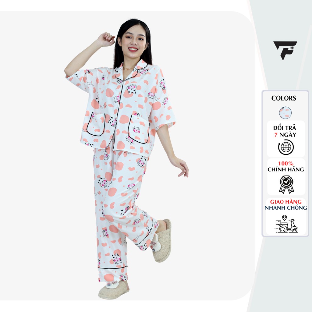 Pijama lụa mặc nhà nữ bò sữa quần dài cánh dơi form rộng thời trang cao cấp FPLUS 282