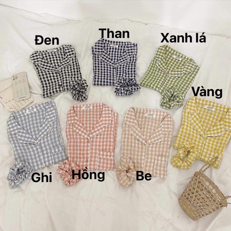 Bộ pijama nữ cộc tay kẻ nhiều màu, Đồ bộ nữ mặc nhà kèm chun buộc tóc
