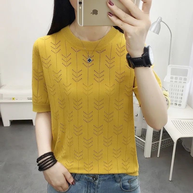 Áo Thun Dệt Kim Ngắn Tay Cổ Tròn Họa Tiết Kẻ Sọc Thời Trang Mùa Hè Cho Nữ