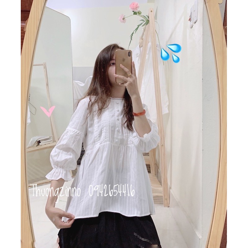 Áo babydoll cúc bọc tiểu thư Áo sơ mi nữ cổ ren tay bèo phong cách ulzzang