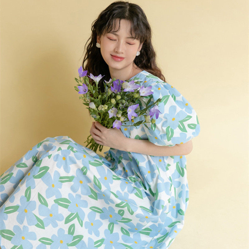 Đầm Công Chúa In Hoa Tay Phồng Phong Cách Hàn Quốc Thanh Lịch Xinh Xắn Cho Nữ