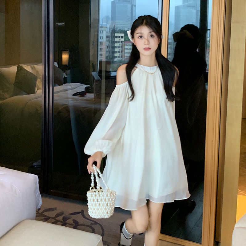 Đầm Chữ A Dài Tay Trễ Vai Phong Cách Hàn Quốc Cho Nữ
