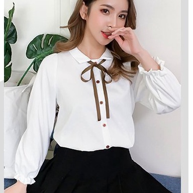 Áo sơ mi nữ trắng dài tay đính nơ cổ đứng babydoll bo chun, Áo sơ mi nữ trắng dài tay bồng cổ buộc nơ siêu xinh