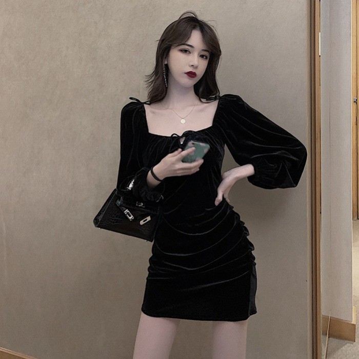 [RẺ ĐẸP]Mùa thu đông 2019 thời trang mới váy mid-length nữ slim retro cổ vuông vuông gợi cảm túi Pháp[sẵn M] | BigBuy360 - bigbuy360.vn