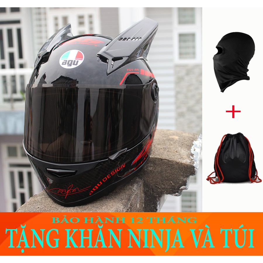 Mũ bảo hiểm AGU tem Đỏ Đen gắn sừng rùa đen TẶNG khăn ninja + túi + thùng