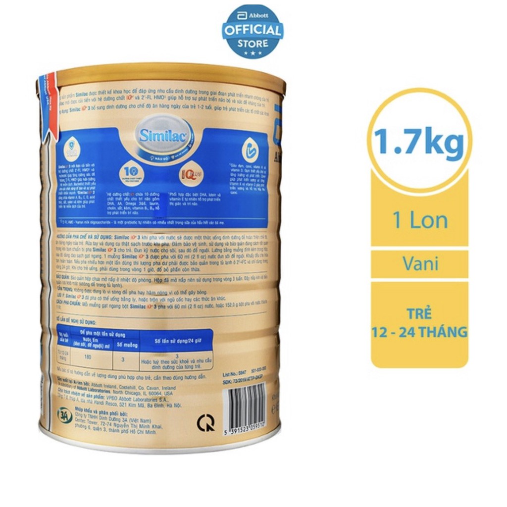 Sữa bột Abbott Similac IQ HMO số 3 1.7kg