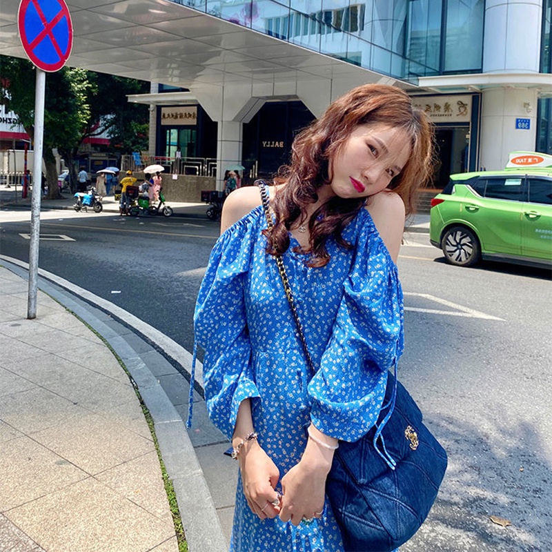 Đầm IELGY hở vai màu xanh dương in họa tiết hoa phong cách Pháp ngọt ngào cho nữ