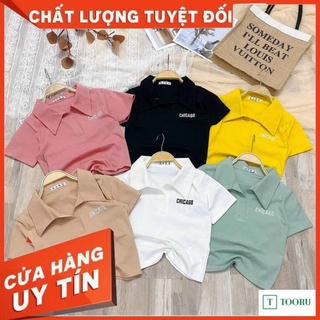 Áo Croptop Thun Cổ Trụ Ngắn Tay Kèm In Chữ CHICAGO Dễ Thương TTSLA0733