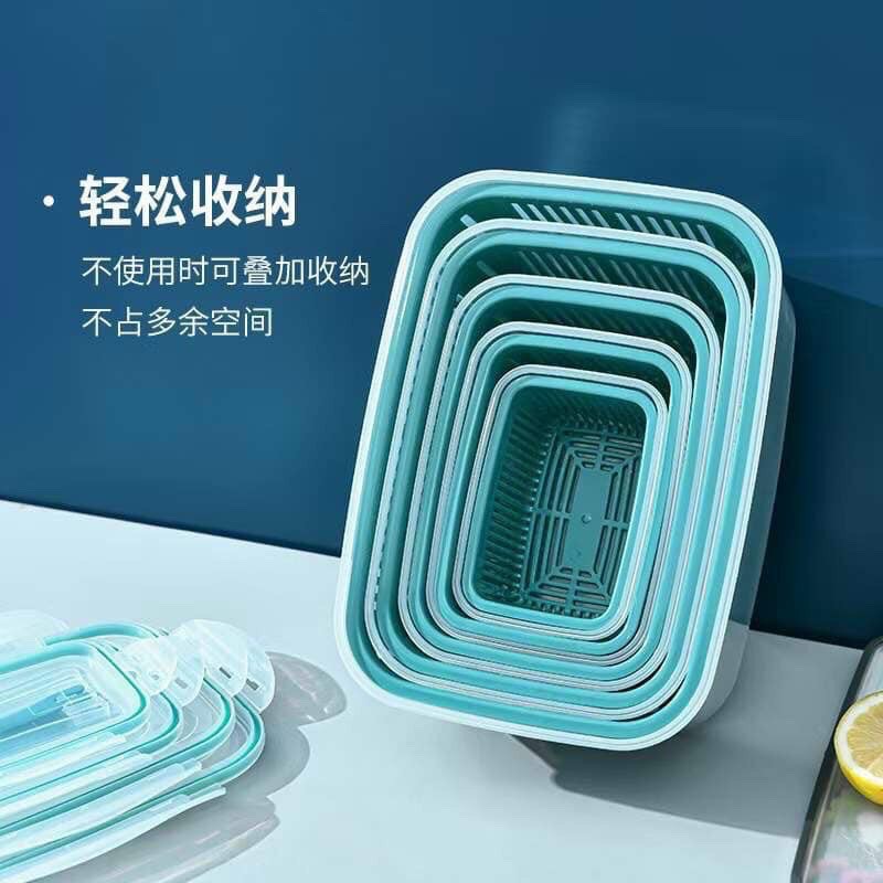 Bộ 5 hộp đựng đồ rau củ quả để tủ lạnh 2 lớp có nắp đậy màu xanh cao cấp