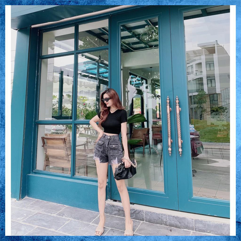 [Jeans nữ thiết kế] Quần sooc bò rách, quần shorts jeans lưng cao, túi nắp 1 khuy. Mã S7095 | BigBuy360 - bigbuy360.vn