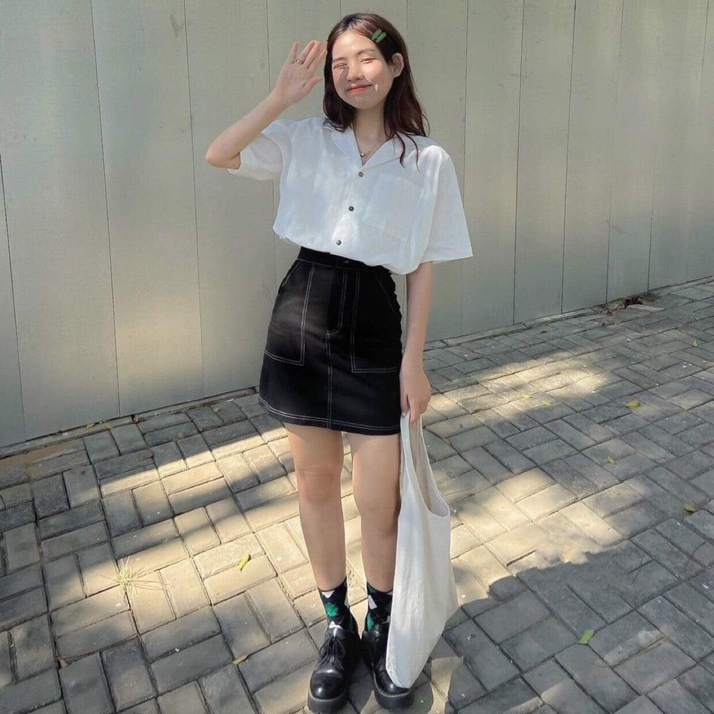 SET SƠ MI CỔ VEST MIX CHÂN VÁY CHỈ NỔI - BỘ CHÂN VÁY ĐEN CHỮ A + SƠ MI TÚI NGỰC TAY LỠ