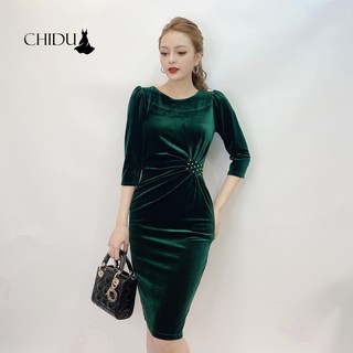 CHIDU Váy nhung body cổ tròn eo đính ngọc sang trọng SP239