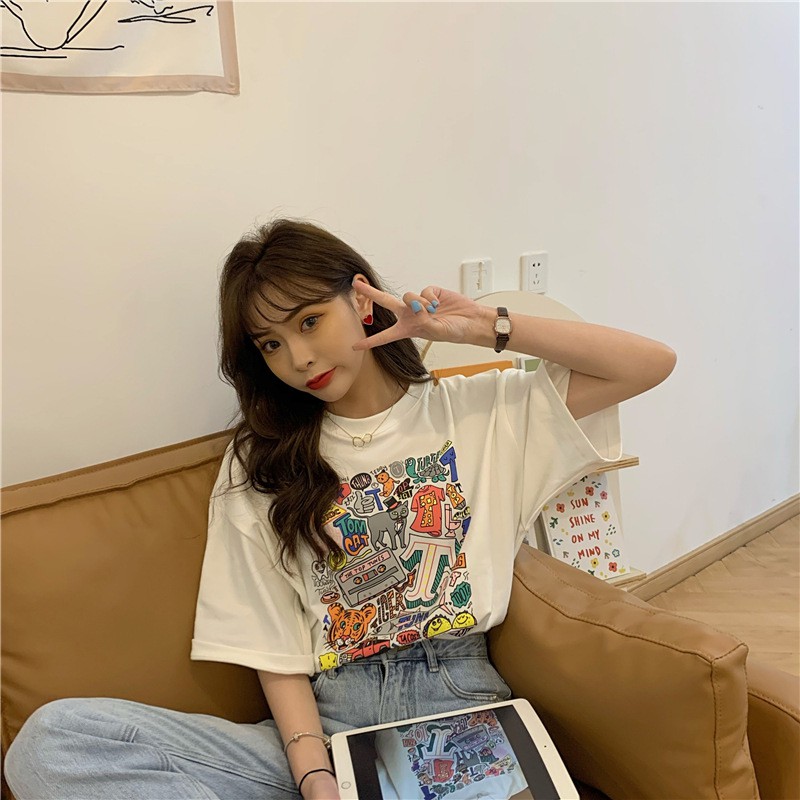 Áo thun in họa tiết tay lỡ form rộng - Ulzzang mặc cặp, nhóm, lớp AE88