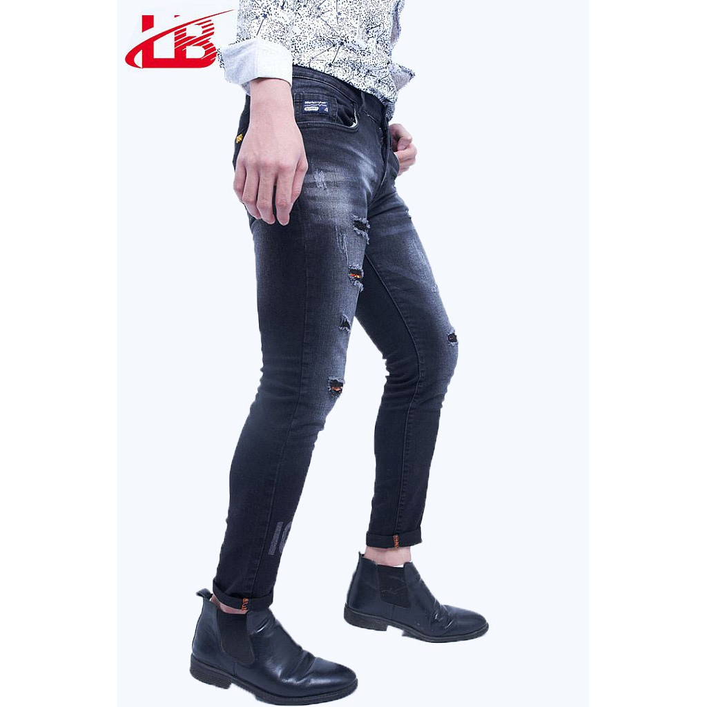 Quần jeans dài nam LB co giãn, vải jean denin dày dặn, cắt rách,in chữ, phom slim fit DNBB2836
