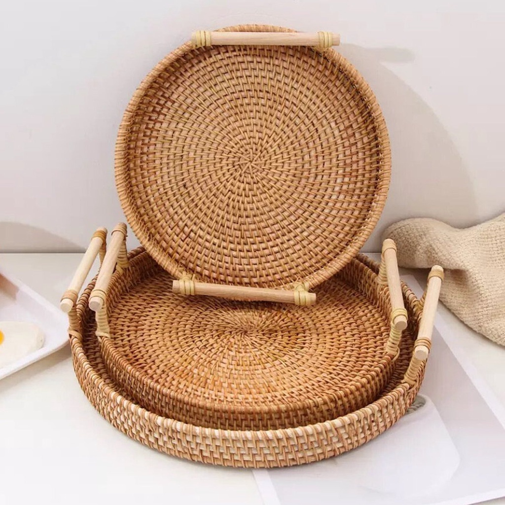 Khay Mây Tròn có Tay Cầm Đựng Đồ Ăn - Khay Mây Guột Trang Trí Decor 3 kích thước - Rattan Tray