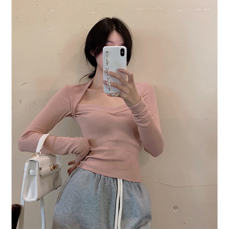 QKOOLE  Áo thun tay dài cổ chữ V màu trơn phong cách Hàn Quốc thời trang cho nữ