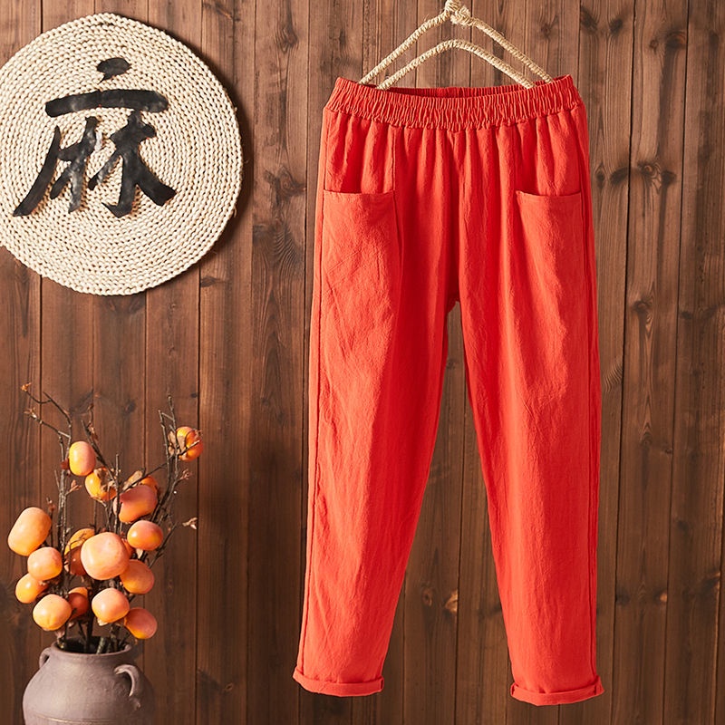 Quần dài ống đứng lưng thun bằng vải cotton lanh màu sắc đơn giản cho nữ