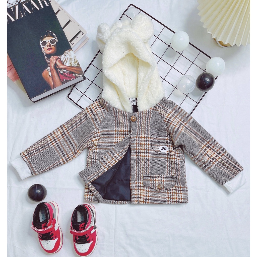 Áo Khoác Dạ Kẻ Mũ Tai Gấu Chất Đẹp AM411 Cho Bé Trai Và Bé Gái TTR135