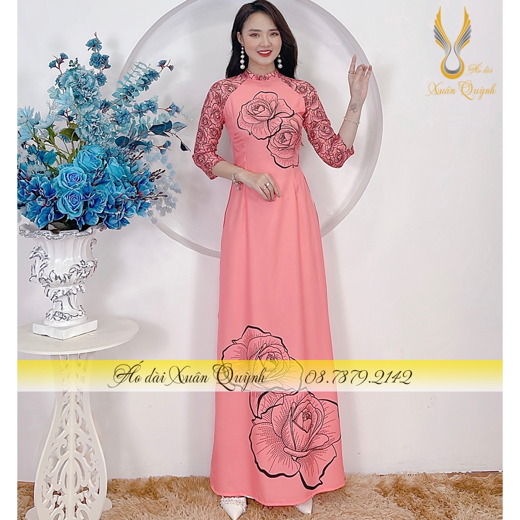 Áo Dài Hoạ Tiết Hoa Hồng Trẻ Trung, Tôn Giáng Lụa Habutai K78 - Áo Dài Truyền Thống