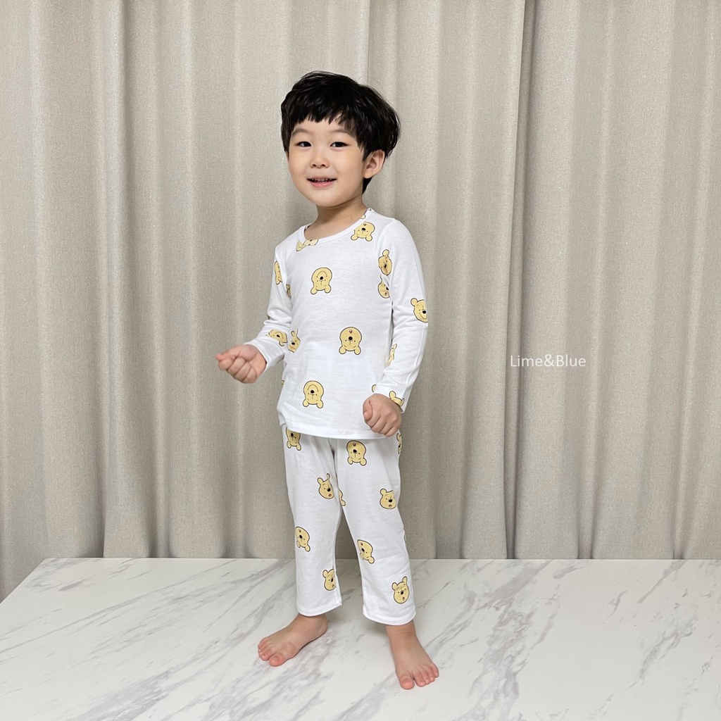 Bộ gấu Pooh dài tay nội địa Hàn Quốc Lime & Blue