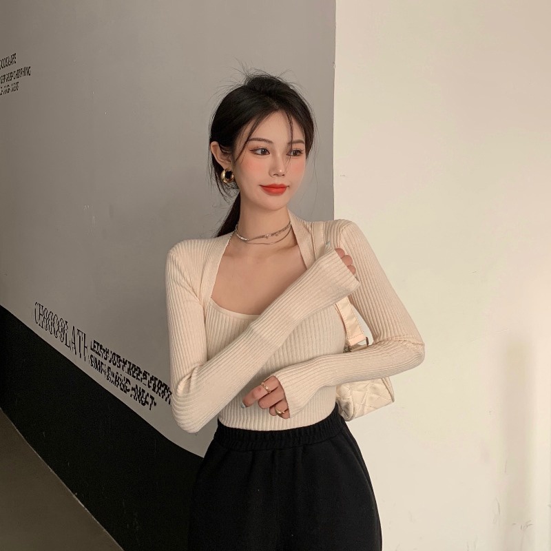 Porozi  Áo dệt kim tay dài cổ vuông phong cách thời trang retro Hàn Quốc
