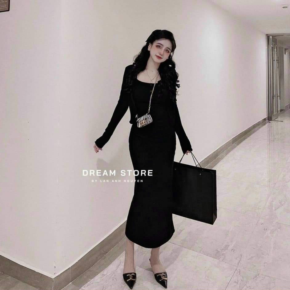 [Sale sốc 50%] Set 2 món đầm suông dáng dài siêu xinh, tôn dáng đẹp, phối kèm khoác ngoài dài tay ngắn tà