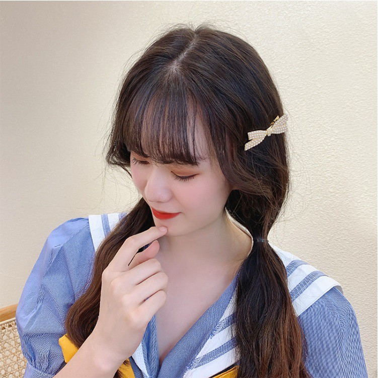Kẹp tóc nơ nhỏ đính hạt tròn siêu yêu (01 cái)TOC21