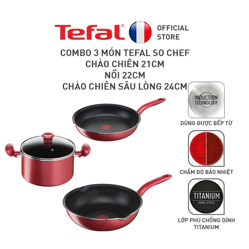 Bộ 3 nồi chảo chống dính đáy từ cao cấp Tefal So Chef, dùng cho mọi loại bếp, gồm chảo chiên 21cm &amp; Nồi 22cm &amp; Chảo 24cm