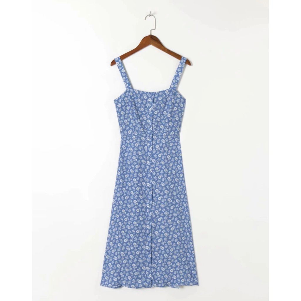 Zara Morocco full tag - Đầm Zara hoa xanh không tay xinh xắn DH2KTG60N10