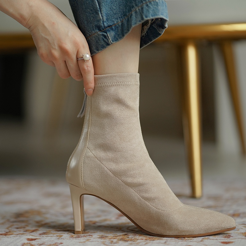 Giày boots cao gót da lộn khóa sau mũi nhọn công sở phong cách vintage Hàn Quốc