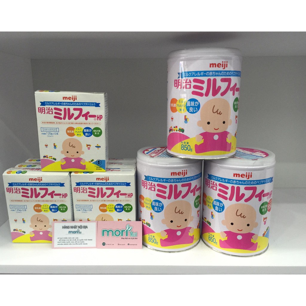 Sữa Meiji HP dạng thanh 14,5g x 6 thanh và lon 850g