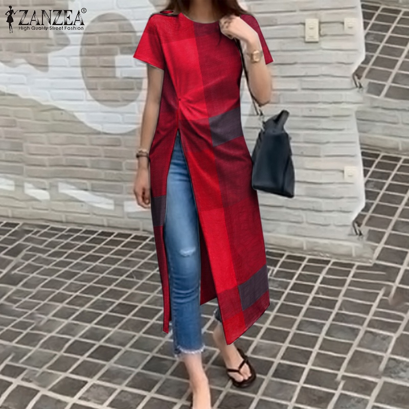 Áo kiểu Zanzea tay ngắn cổ tròn họa tiết kẻ caro phong cách retro thời trang cho nữ