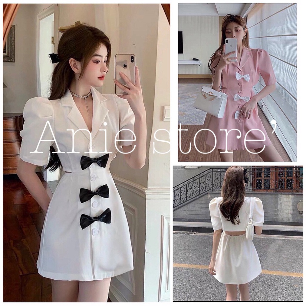 Đầm Cut Out Nữ Cổ Vest 🦋 Váy Nữ Cộc Tay Cúc Cài Phối Nơ 2 Màu 🦋 - Wuyn Shop