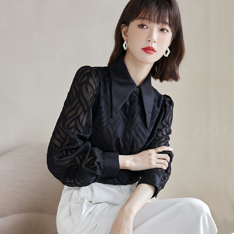 Áo Sơ Mi Chiffon Tay Dài Màu Đen Thời Trang Mùa Thu Phong Cách Hàn Quốc Cho Nữ