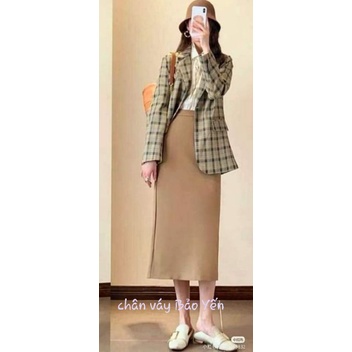 Chân váy midi A dài màu be đậm xẻ sau(sẵn size) -M11BD