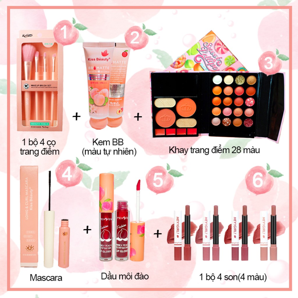 Bộ mỹ phẩm trang điểm 9 món(1 bộ 4 cọ trang điểm + kem BB + khay trang điểm 28 màu + mascara + chì kẻ môi + 1 bộ 4 son) | BigBuy360 - bigbuy360.vn