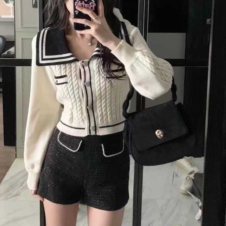 DIDIKA Áo khoác cardigan dệt kim phối màu tương phản phong cách chanel Hàn Quốc 2022 cho nữ
