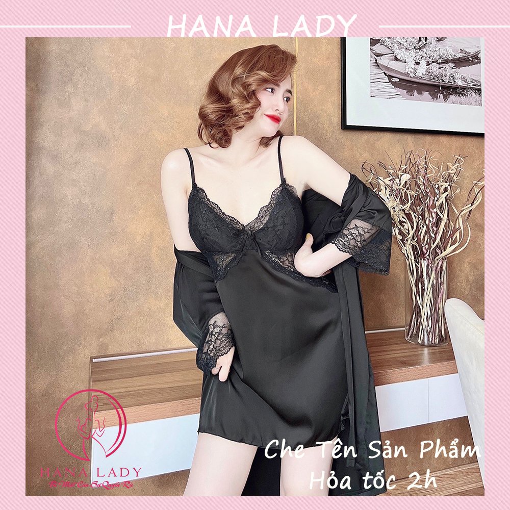 Váy ngủ lụa 2 dây kèm choàng có mút ngực gợi cảm - đầm ngủ sexy cao cấp VN489