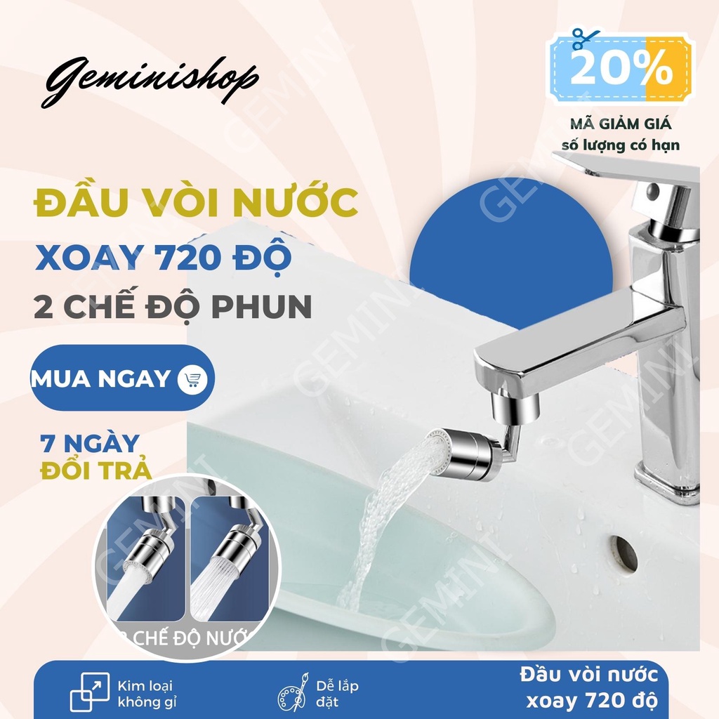 Đầu nối vòi nước lắp chậu thông minh xoay 720 độ rửa bát chén lavabo 2 chế độ nước chảy mã V3 Gemini Shop